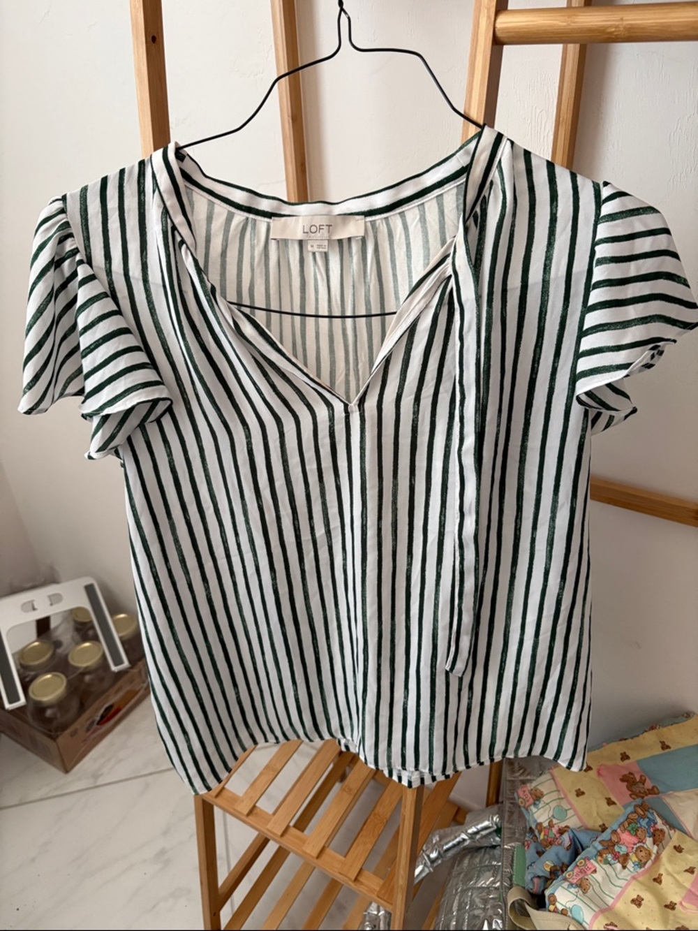 LOFT White and Green Vertical Stripe Tie-Neck Blouse